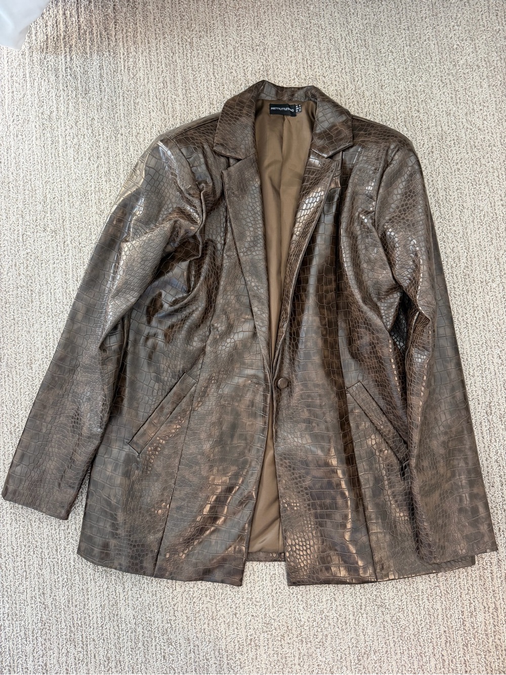 PrettyLittleThing Croc-Embossed Oversized Blazer in Brown